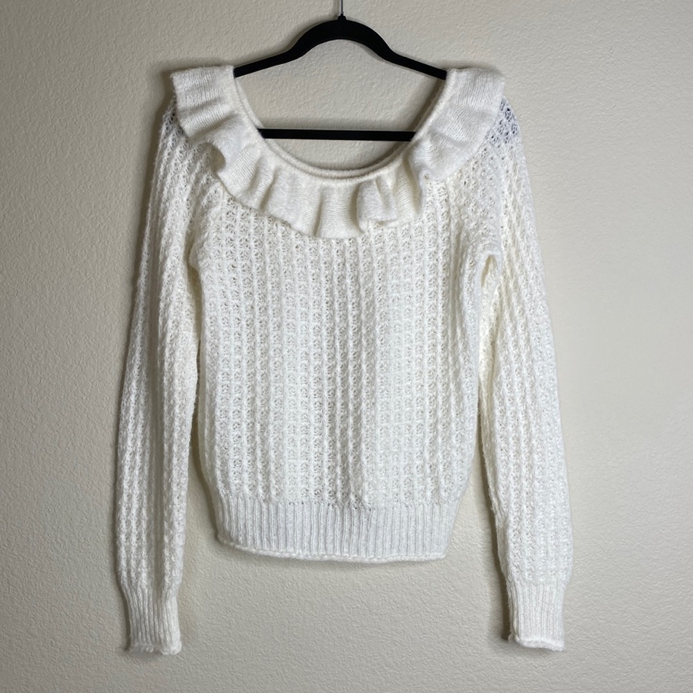 Anthropologie white crocheted ruffle neck sweater Sz small